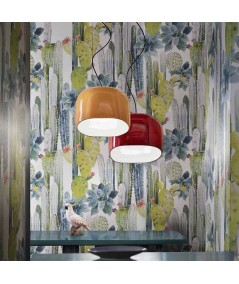 lampada a sospensione ayrton di deco ferroluce in ceramica giallo o rosso ambientata